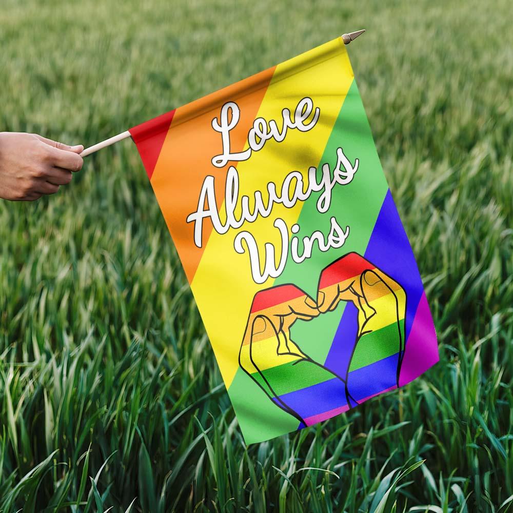  LGBT Pride Flag Love Always Wins Heart Shape Hands Rainbow Color Garden And House Flag