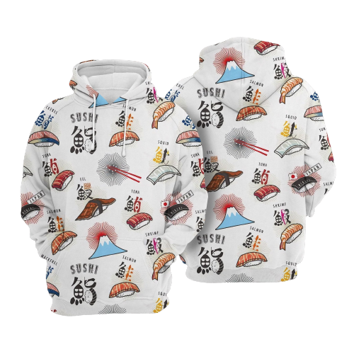 Gifury Japan Hoodie Fuji Mountain Sushi Cute Pattern White Hoodie Japan Apparel 2023