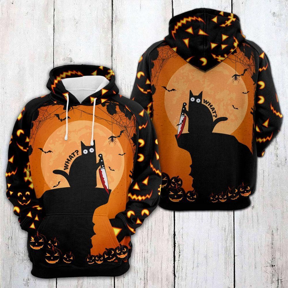 Gifury Halloween Hoodie Halloween Apparel Black Cat With Knife What Halloween Moon Light Hoodie 2023