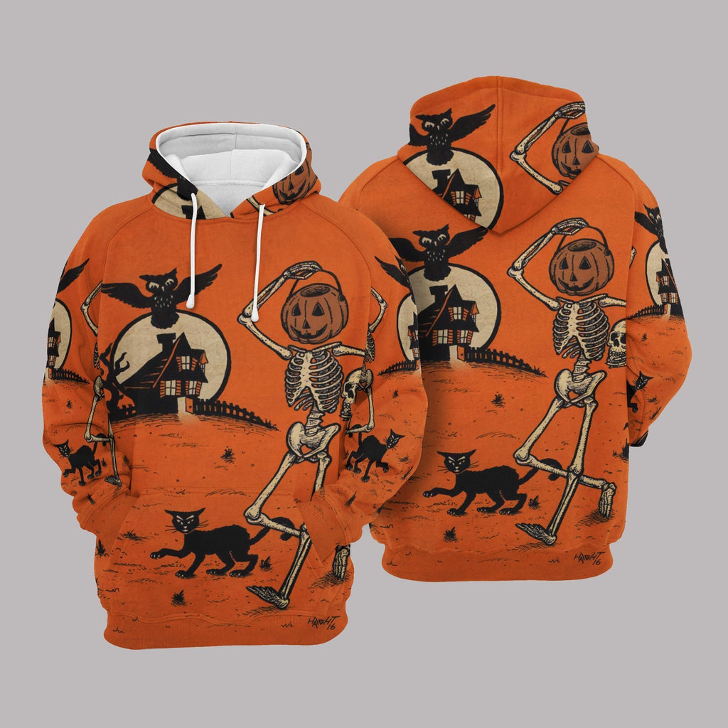 Gifury Halloween Hoodie Halloween Apparel Dancing Pumpkin Head Skeleton Halloween Night Orange Hoodie 2022