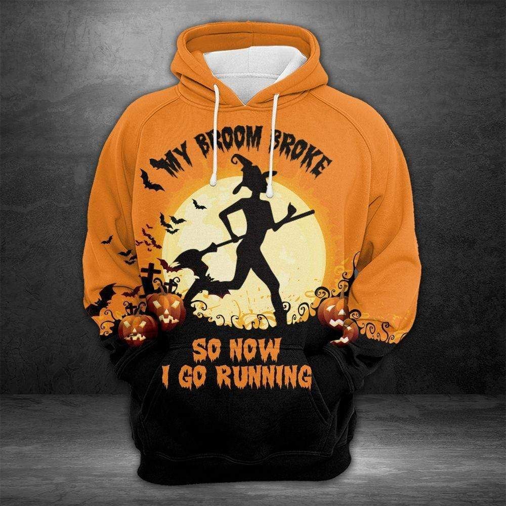 Gifury Halloween Hoodie Halloween Apparel My Broom Broke So Now I Go Running Black Orange Hoodie 2022