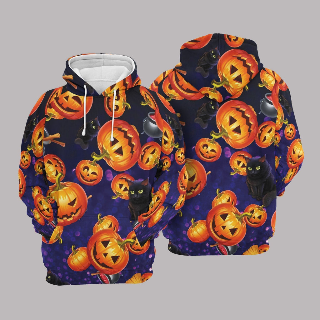 Gifury Halloween Hoodie Halloween Apparel Pumpkin Black Cat Pattern 3d Blue Hoodie Halloween Clothing 2022