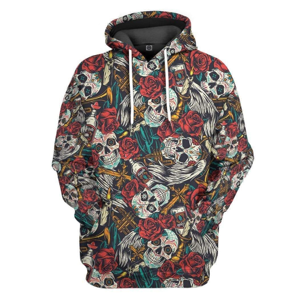 Gifury Halloween Hoodie Halloween Apparel Halloween Sugar Skull Candles Wines Roses Pattern Hoodie 2022