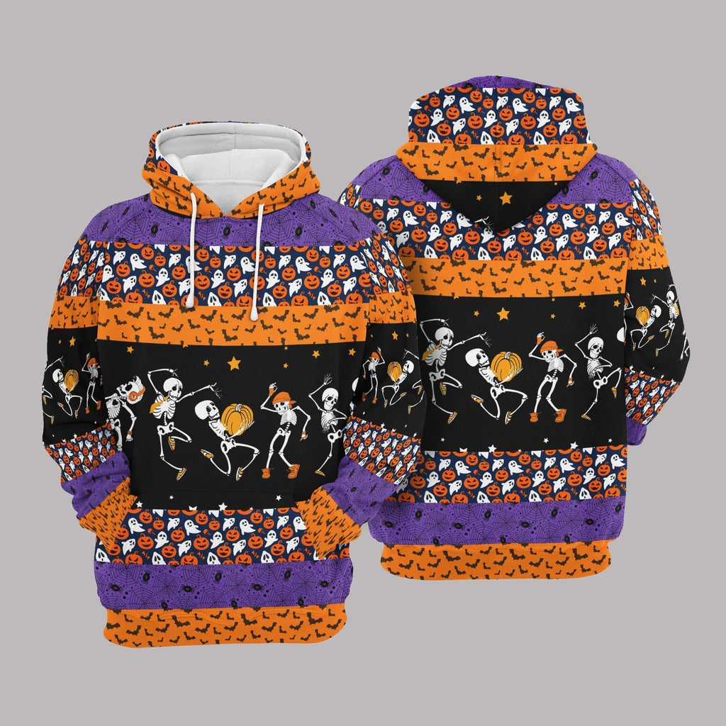 Gifury Halloween Hoodie Halloween Apparel Halloween Skeletons Dancing Pumpkin Ghost Pattern Orange Purple Hoodie 2022