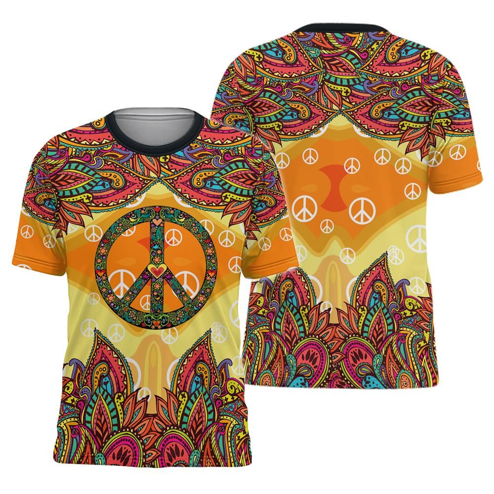  Hippie T-shirt Peace Symbol Pattern Floral Mandala Orange T-shirt Apparel Adult Full Print