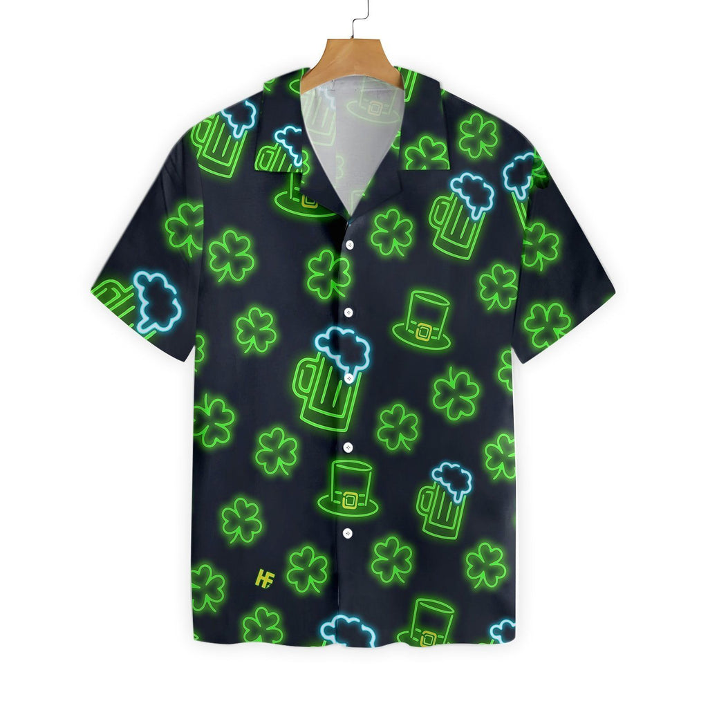 Gifury St Patrick's Day Hawaii Shirt Beer Cup Hat Clover Neon Light Black Aloha Shirt St Patrick's Day Hawaiian Shirt 2022