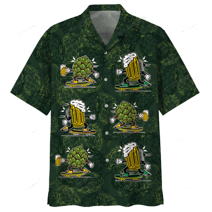 Gifury Beer Hawaiian Shirt Hops And Beer Cups Dark Green Aloha Shirt Beer Hawaii Shirt 2022