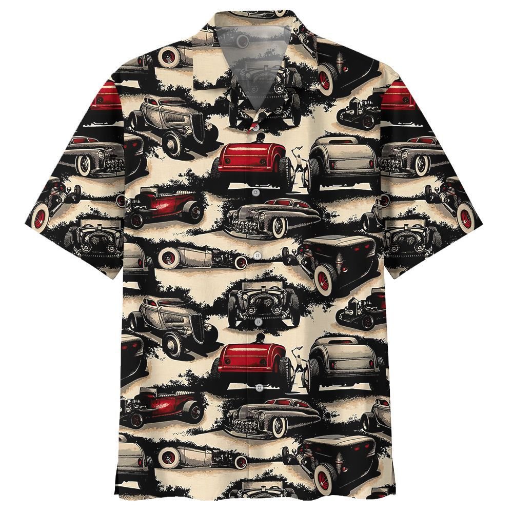  Hot Rod Hawaiian Shirt Vintage Hot Rod Pattern Black Red Hawaii Aloha Shirt