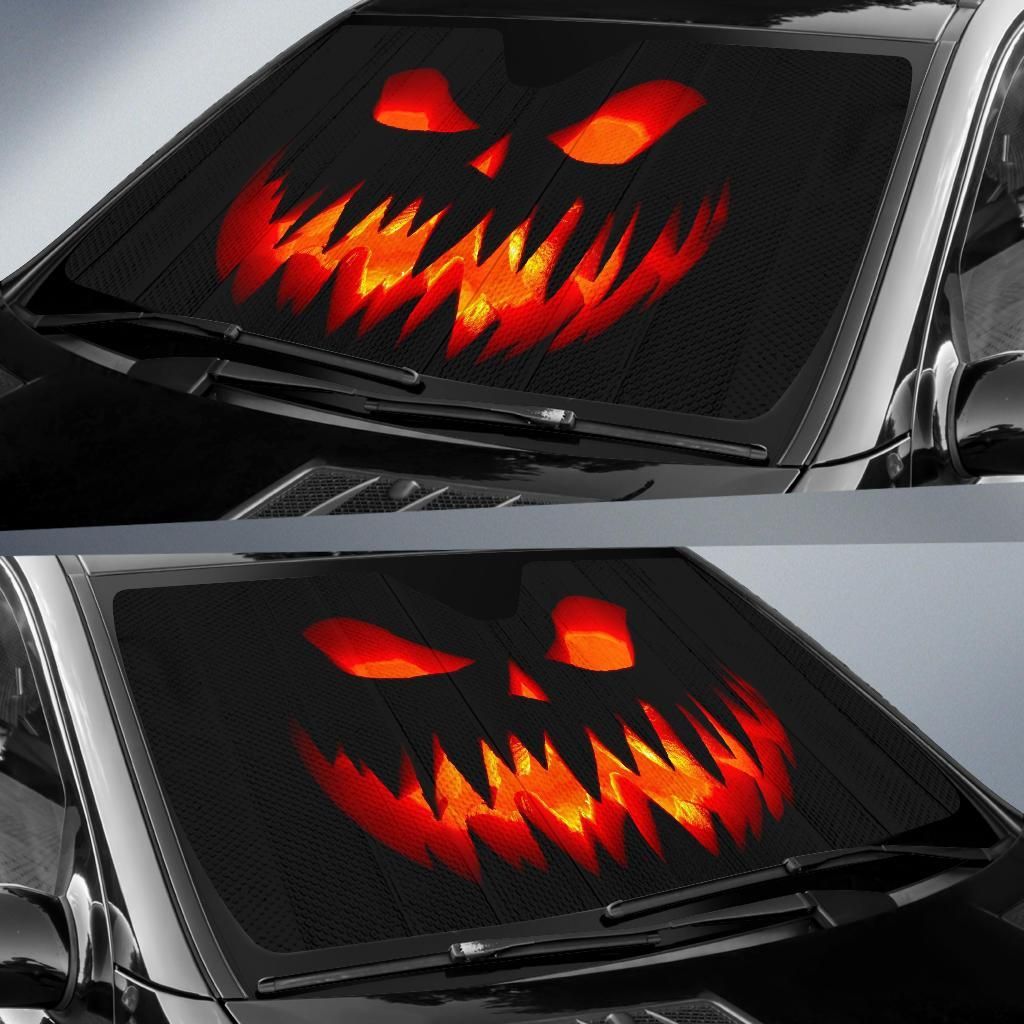 Gifury Halloween Car Sun Shade Halloween Lantern Scary Pumpkin Black Windshield Sun Shade Halloween Windshield Sun Shade 2023