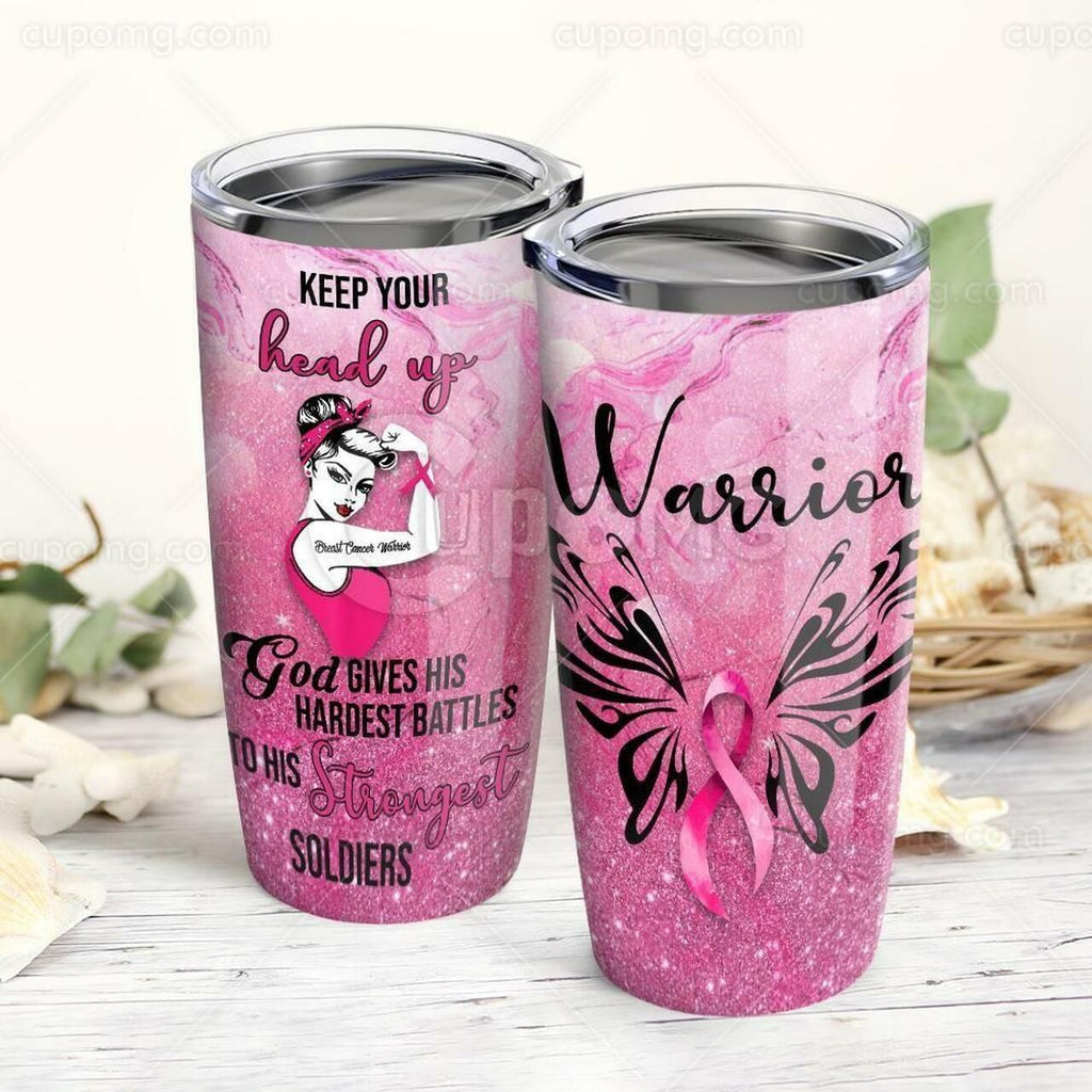 Gifury Breast Cancer Tumbler 20 Oz Keep Your Head Up God Gives Us Hardest Battles To His Strongest Soldier Tumbler Cup 20 Oz 2022