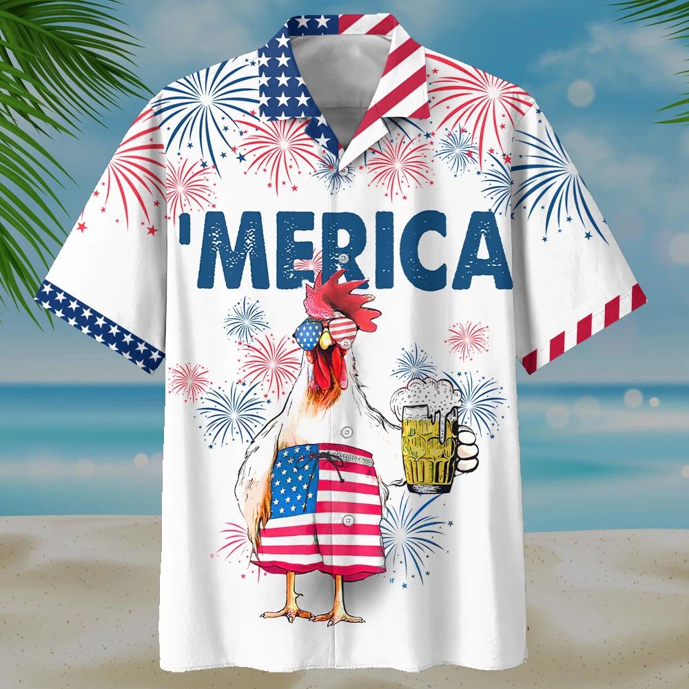 Gifury Beer Hawaiian Shirt Glasses Chicken Drinks Beer Merica Fireworks White Hawaii Shirt Beer Aloha Shirt 2022