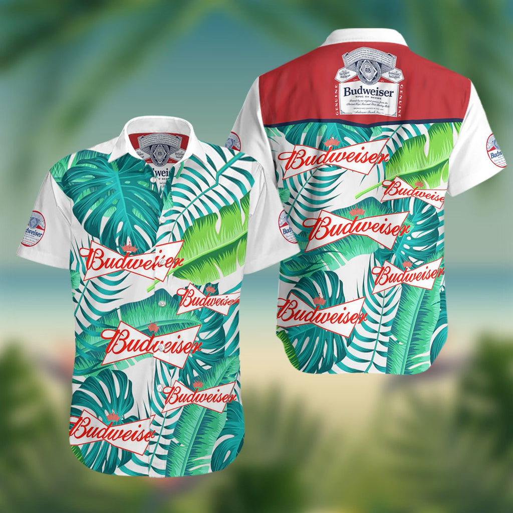  Beer Hawaii Shirt Budweiser Logo Tropical Palm Leave Green