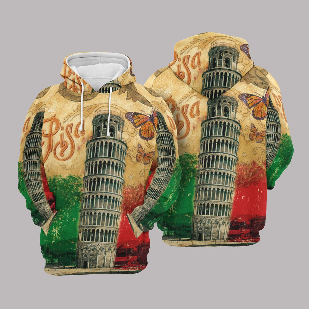 Gifury Italy Hoodie Italy Apparel Italy Pride Vintage Pisa Tower Painting Butterfly Green Red Hoodie 2022