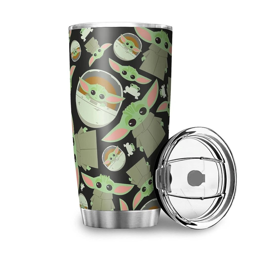  SW Tumbler 20 Oz Baby Yoda Grogu Cute Frog Pattern Black Tumbler Cup 20 Oz Travel Mug