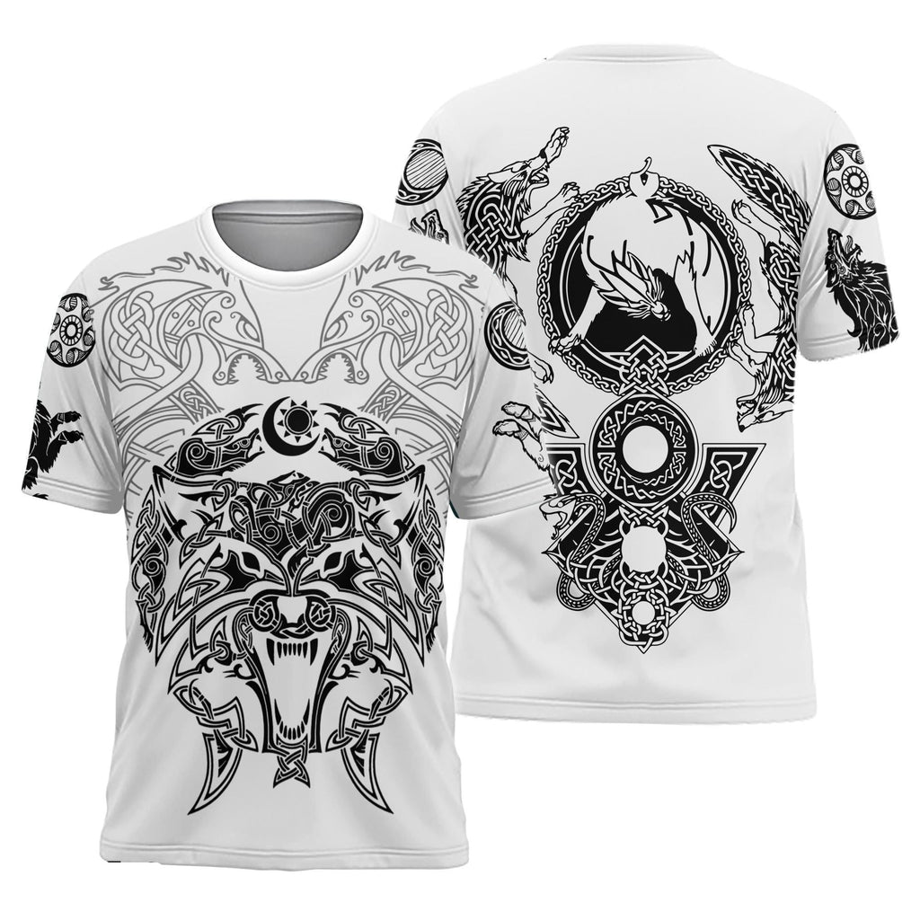  Viking T-shirt Wolves Skoll And Hati Sun And Moon Symbol Black White Hoodie Adult Full Print Full Size