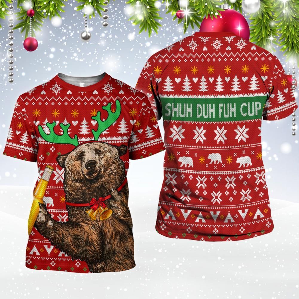 Gifury Beer T-shirt Beer Apparel Bear Drinks Beer Shuh Duh Fuh Cup Christmas Pattern Red Hoodie 2023