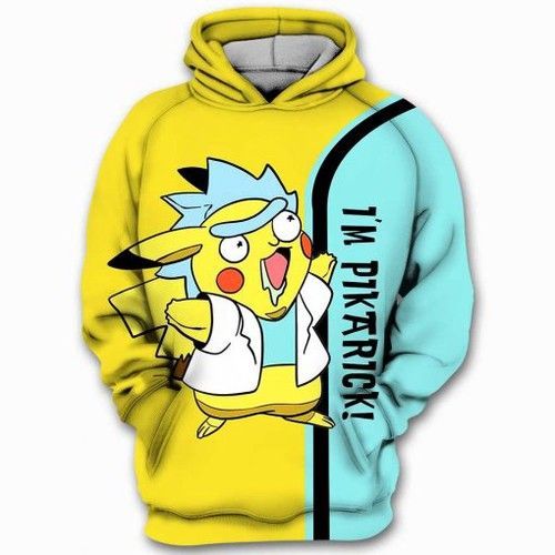  Rick And Morty Hoodie I'm Pikarick Pikachu Rick And Morty Crossover Yellow Blue Hoodie Apparel   