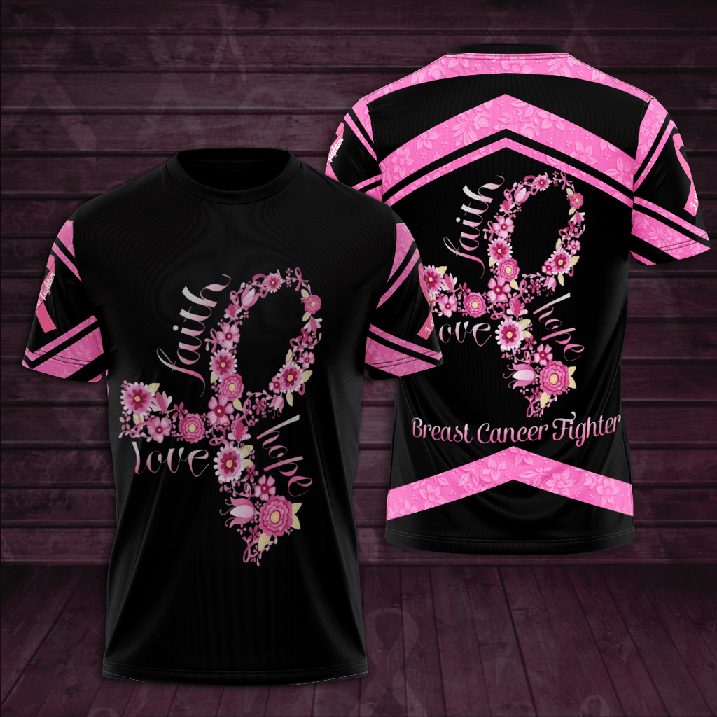 Gifury Breast Cancer T-shirt Breast Cancer Fighter Faith Hope Love Flower Ribbon Black Pink Shirts 2022