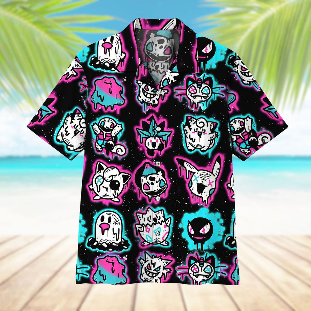 Pokemon Hawaiian Shirt Ghost Pokemons Glowing Light Black Pink Hawaii Aloha Shirt