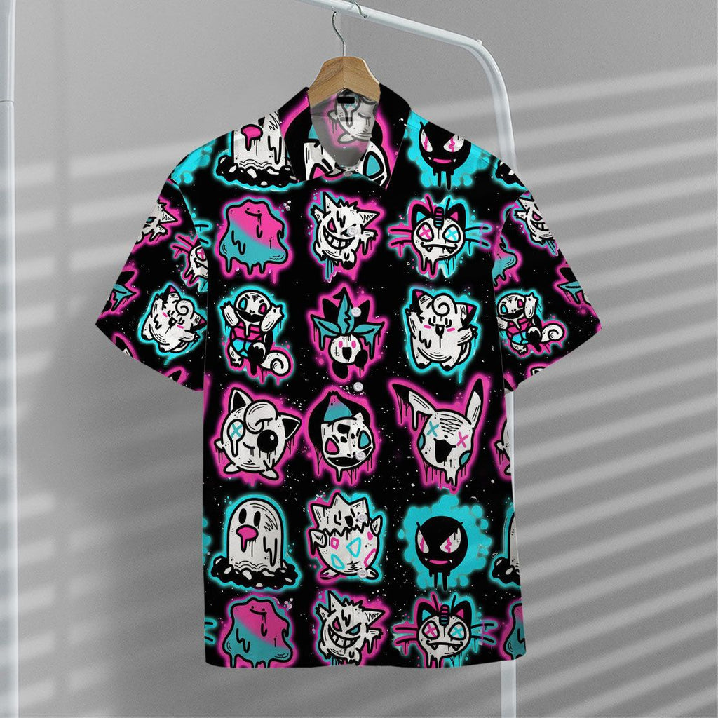 Pokemon Hawaiian Shirt Ghost Pokemons Glowing Light Black Pink Hawaii Aloha Shirt