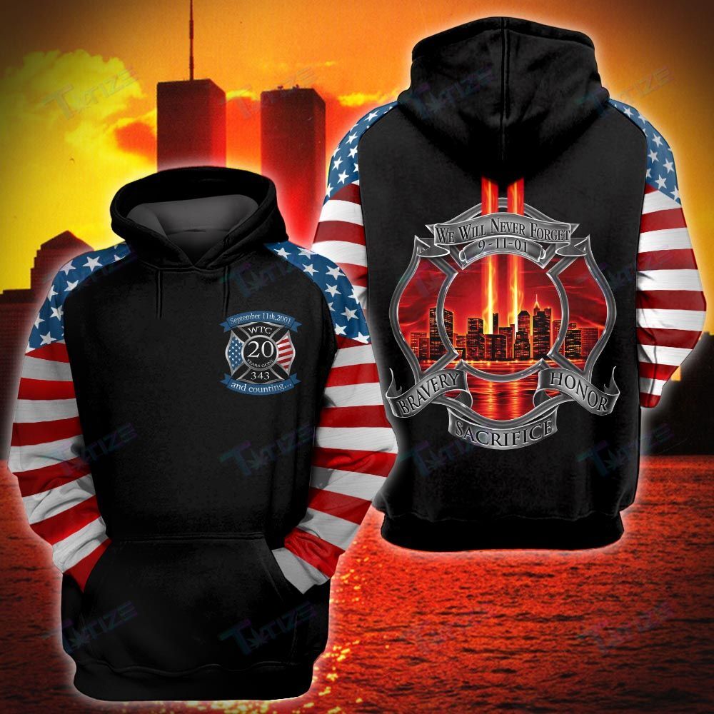 Gifury Patriot Day T-shirt September 11th Shirt We Will Never Forget 09-11-01 Bravery Sacrifice Honor Black Hoodie Patriot Day Hoodie 2022