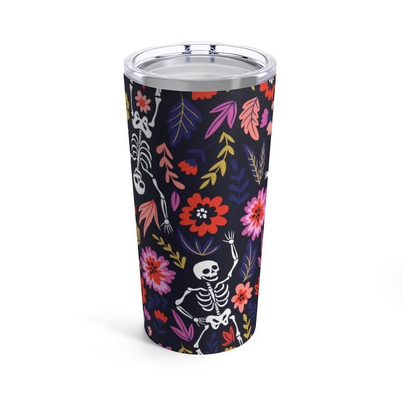 Gifury Skeleton Tumbler 20 Oz Dancing Skeleton Witch Colorful Flower Black Tumbler Cup 20 Oz Halloween Tumbler Skeleton Travel Mug 2022