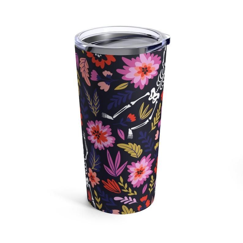 Gifury Skeleton Tumbler 20 Oz Dancing Skeleton Witch Colorful Flower Black Tumbler Cup 20 Oz Halloween Tumbler Skeleton Travel Mug 2024