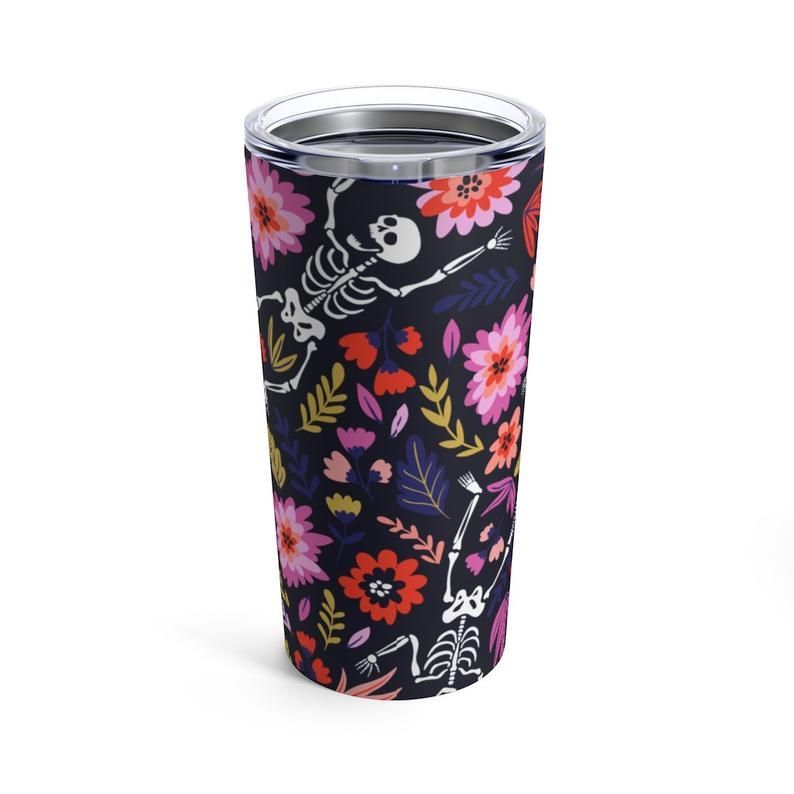 Gifury Skeleton Tumbler 20 Oz Dancing Skeleton Witch Colorful Flower Black Tumbler Cup 20 Oz Halloween Tumbler Skeleton Travel Mug 2023