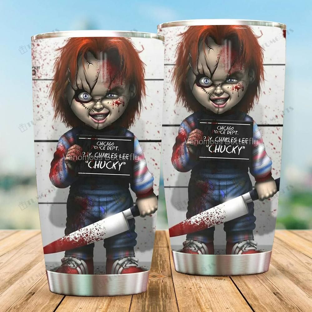 Halloween Tumbler Cup 20 Oz Bloody Chucky Police Picture Tumbler 20 Oz