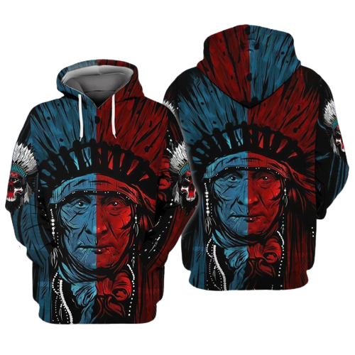Gifury Native American Hoodie Native Indian Chief Red And Blue Hoodie Native American Apparel 2022