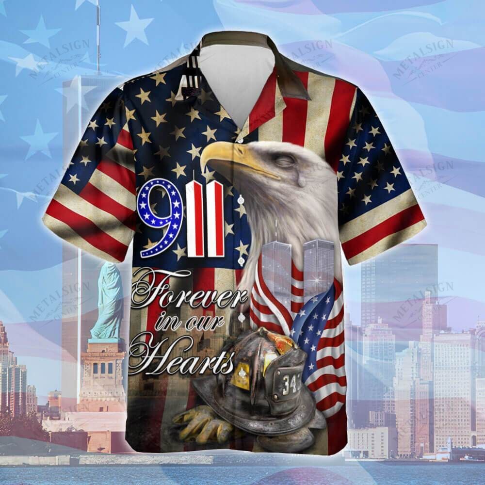 Gifury Patriot Day Hawaiian Shirt 09-11 Forever In Our Hearts Firefighters Eagle American Flag Hawaii Aloha Shirt September 11th Hawaii Shirt Patriot Day Apparel 2022