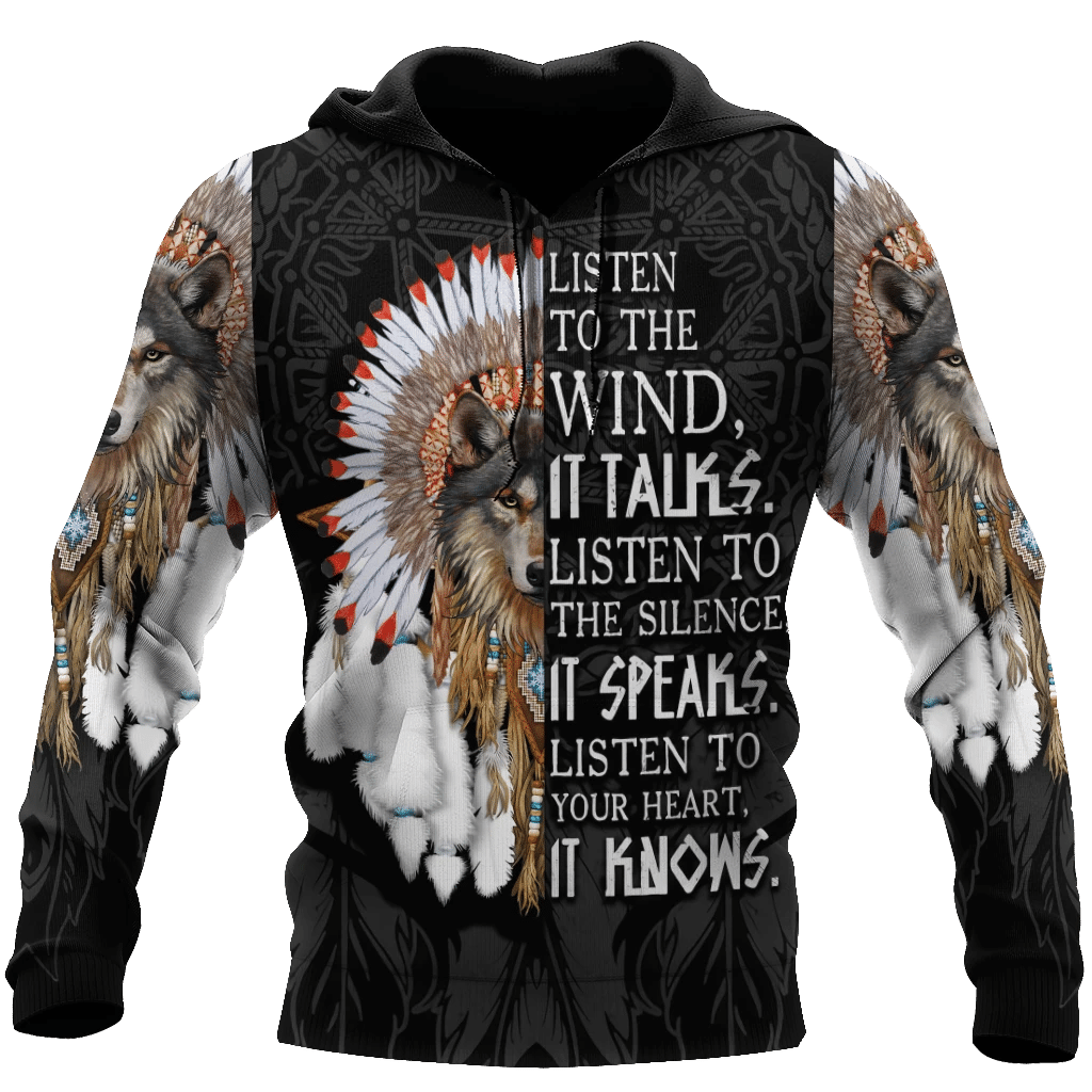 Gifury Native American Hoodie Wolf And Dreamcatcher Listen To The Wind It Talks Listen To The Silence It Speaks Hoodie Native American Apparel 2022