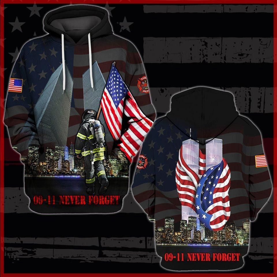 Gifury Patriot Day Hoodie September 11th Hoodie Firefighter Hero Holding American Flag 09-11 Never Forget Black Hoodie Patriot Day Apparel 2022