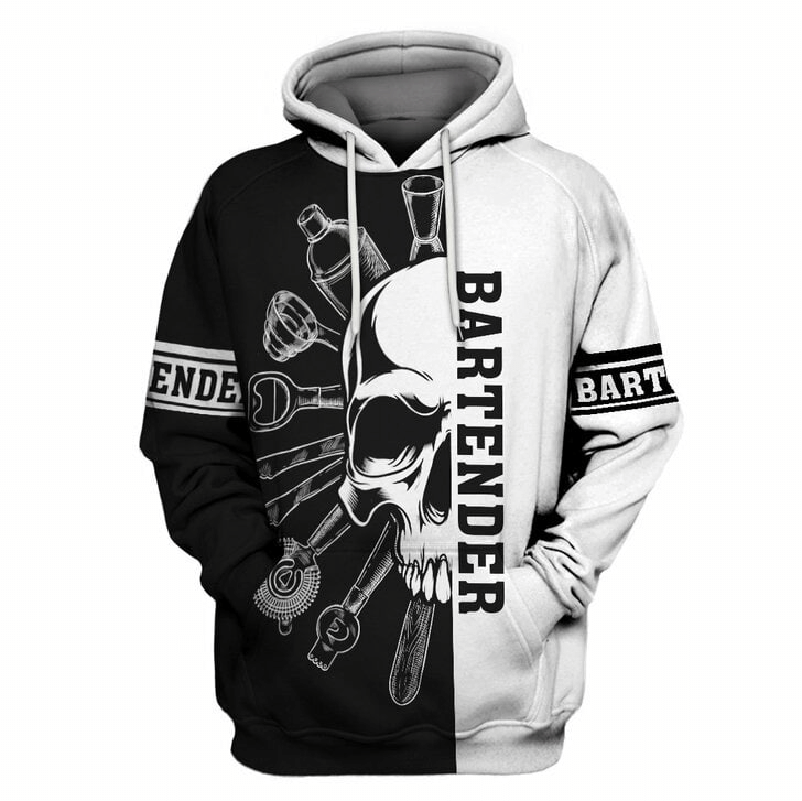 Bartender Hoodie Bartender Tools Items Skull Black White Hoodie