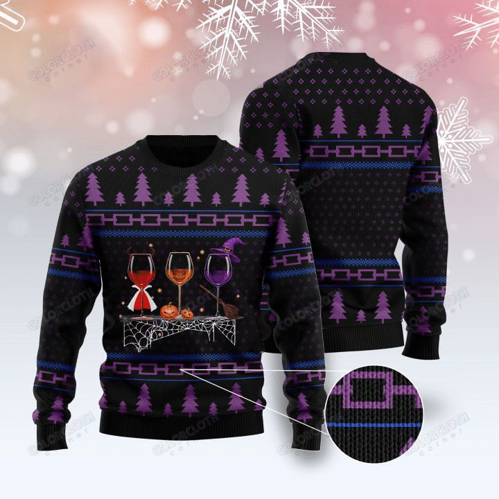 Gifury Halloween Sweater Wine Halloween Black Purple Ugly Sweater Halloween Ugly Sweater 2022