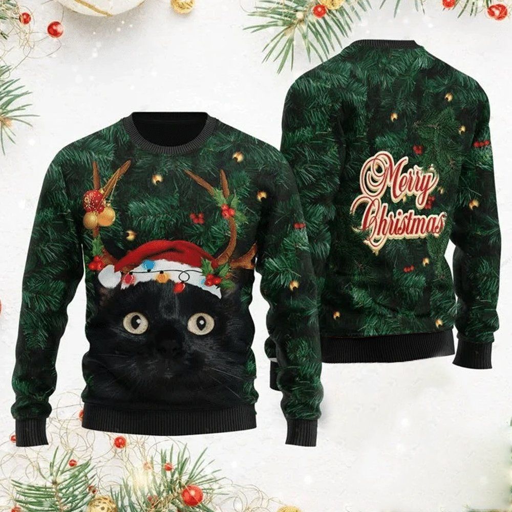 Gifury Cat Christmas Sweater Merry Christmas Black Cat Christmas Tree 3d Ugly Sweater Cat Ugly Sweater 2022