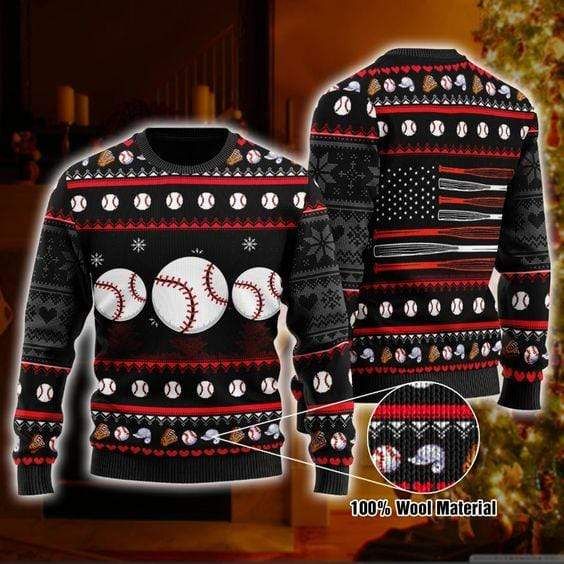 Gifury Baseball Ugly Christmas Sweater Baseball Ball Hat Gloves Black Sweater Baseball Sweater 2022