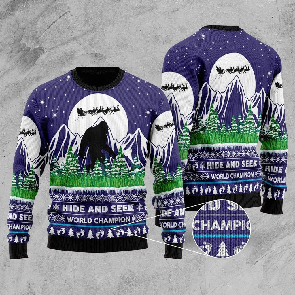 Bigfoot Ugly Christmas Sweater Bigfoot Hide And Seek World Champion Blue Sweater