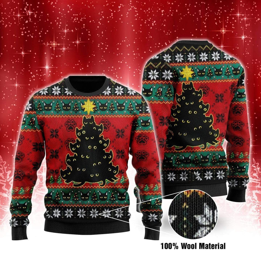 Gifury Cat Ugly Christmas Sweater Black Cat Christmas Tree Cat Paws Pattern Black Sweater Cat Sweater 2022