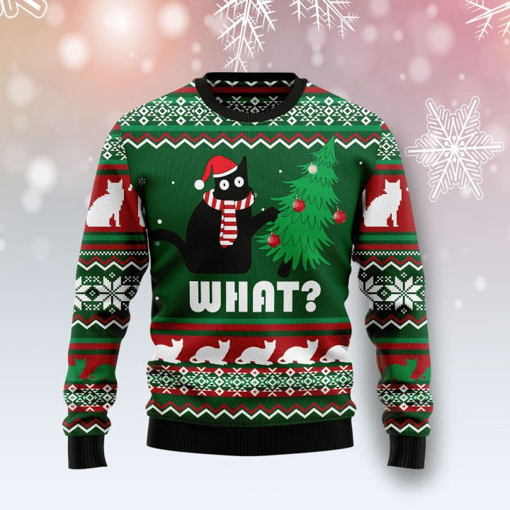 Gifury Cat Christmas Sweater Christmas Hat Black Cat What Green Ugly Sweater Cat Ugly Sweater 2022