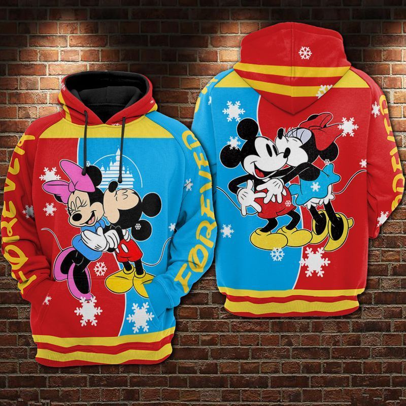  DN Christmas Hoodie MN And MK Mouse Kissing Christmas Snowflakes Red Blue Hoodie