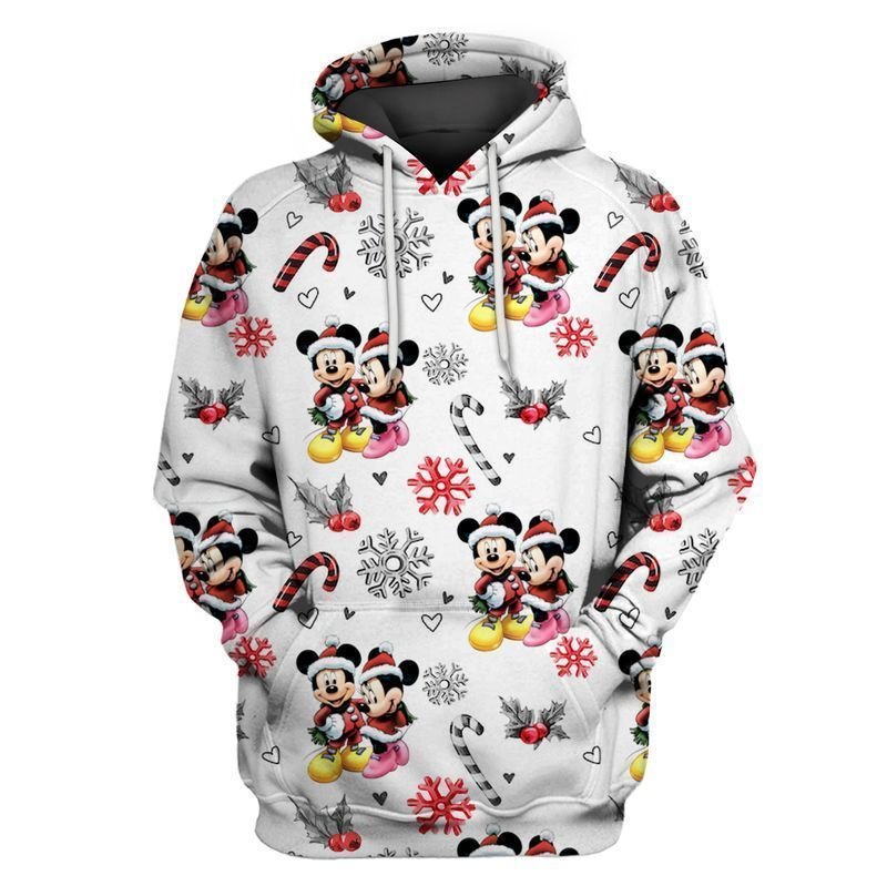  DN Christmas Hoodie MK And MN Mouse Christmas Pattern Candies Snowflakes White Hoodie