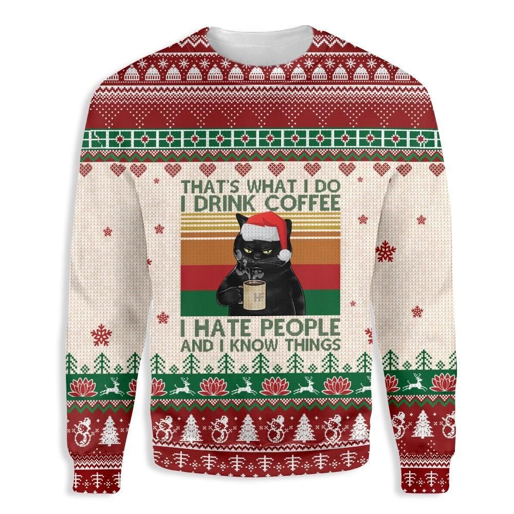 Gifury Cat Christmas Sweater Cat That's What I Do I Drink Coffee I Hate People And I Know Things Red White Ugly Sweater Cat Ugly Sweater 2022