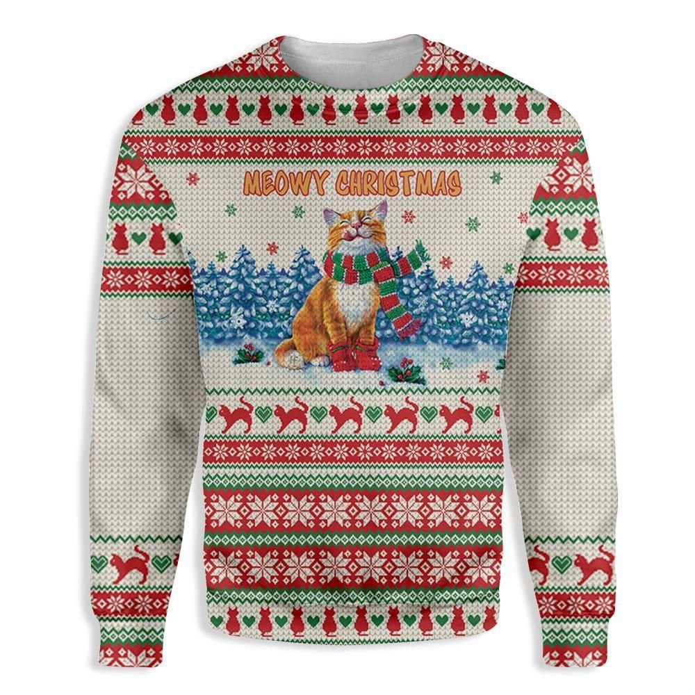 Gifury Cat Christmas Sweater Cat Meowy Christmas Cat And Snowflakes Pattern White Red Ugly Sweater Cat Ugly Sweater 2022