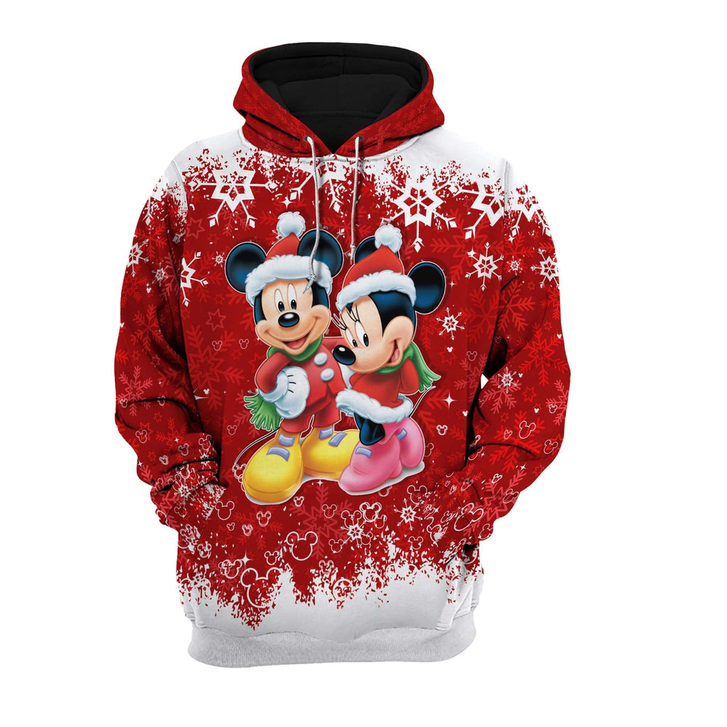  DN Christmas Hoodie MK And MN Mouse Snow Red And White Hoodie
