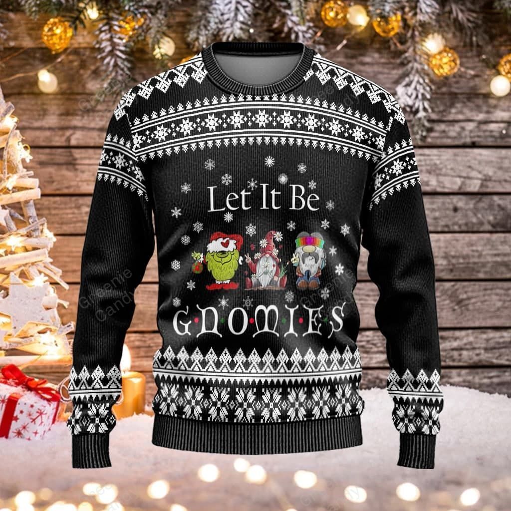 Gifury Gnome Christmas Ugly Sweater Three Gnomes Let It Be Gnomies Christmas Pattern Black White Sweater Gnome Apparel 2022