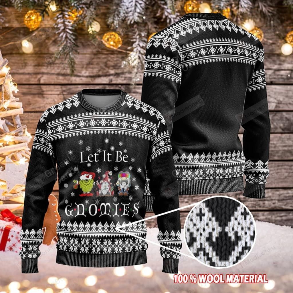 Gifury Gnome Christmas Ugly Sweater Three Gnomes Let It Be Gnomies Christmas Pattern Black White Sweater Gnome Apparel 2022