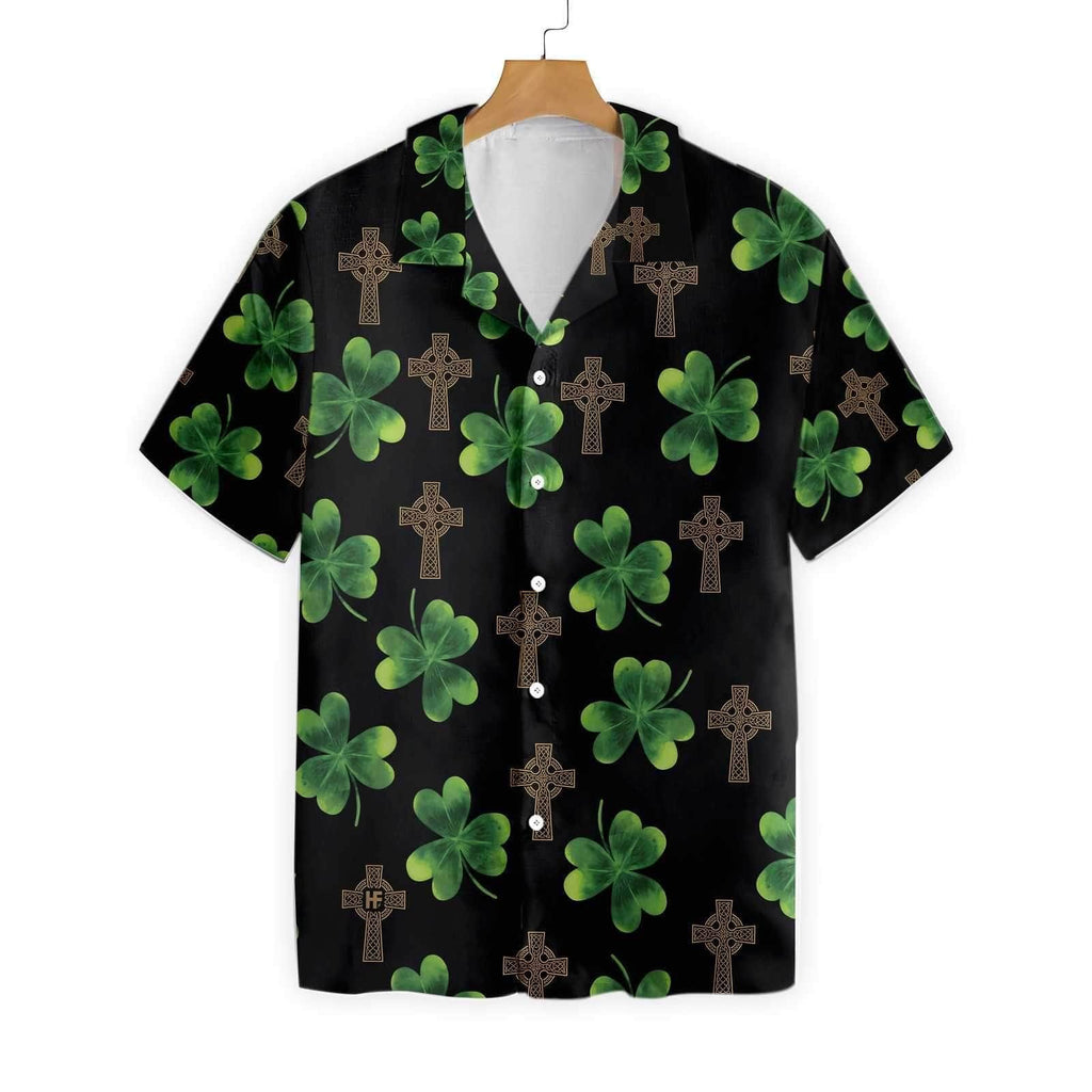 Gifury St Patrick's Day Hawaii Shirt Celtic Cross Clover Black Aloha Shirt St Patrick's Day Hawaiian Shirt 2023
