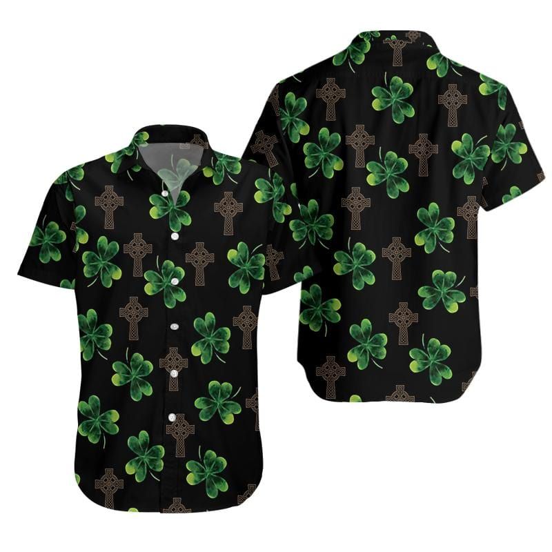 Gifury St Patrick's Day Hawaii Shirt Celtic Cross Clover Black Aloha Shirt St Patrick's Day Hawaiian Shirt 2022