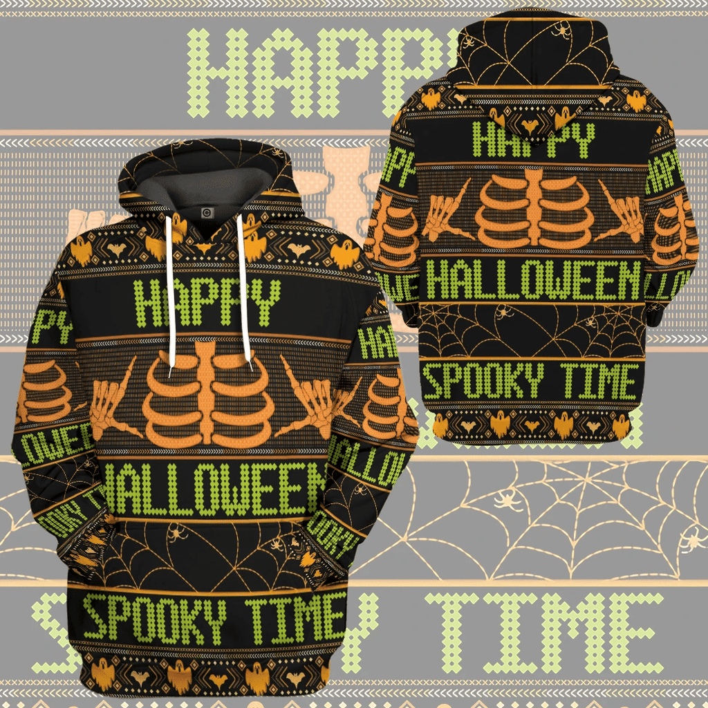 Gifury Halloween T-shirt Happy Halloween Spooky Time Skeleton Halloween Patterns Black Hoodie Halloween Hoodie Halloween Apparel 2022